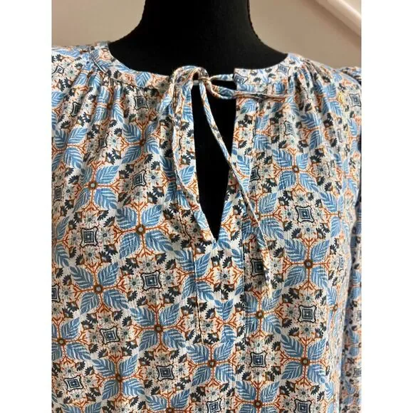 Loft Long Sleeve Blue Orange Gold Thread Tie Neckline Peasant Blouse Size M - Picture 2 of 6